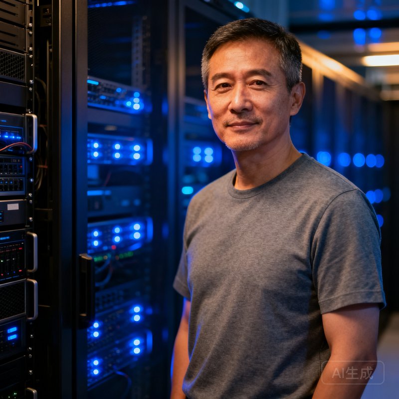 威廉希尔技术总监林浩然，一位四十岁左右的男士，短发干练，穿着灰色T恤站在服务器机架前，背景是数据中心的蓝色指示灯